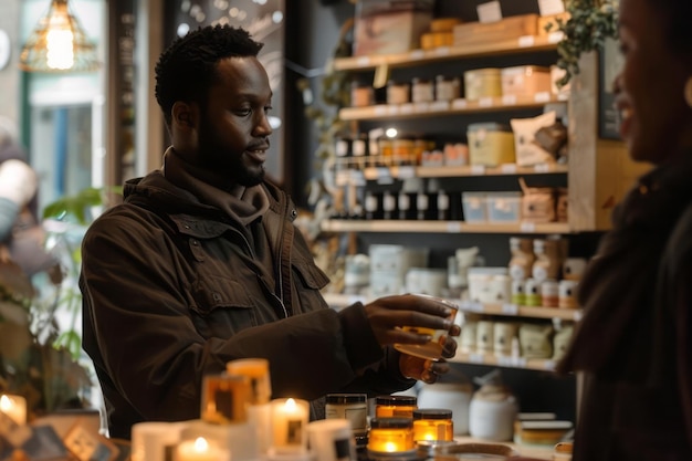 A black male home goods seller explaining the features of different scented candles to a customer