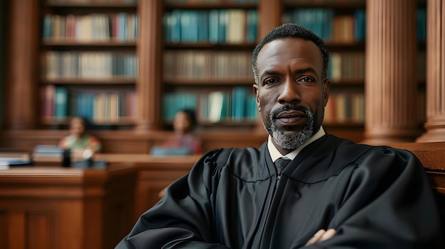 a black male judge on duty against court atmosphere background