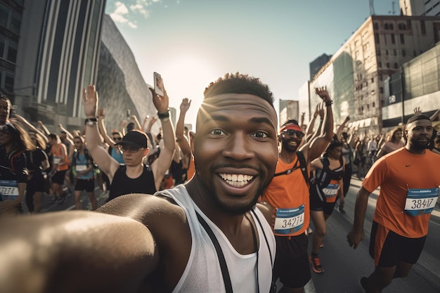 black male marathon runner is taking a selfie while running