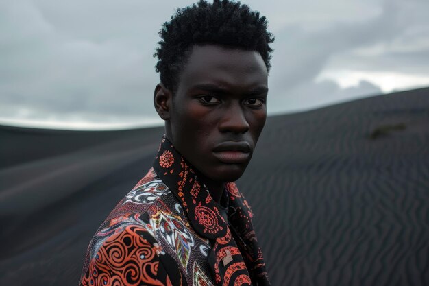 Photo a black male model in luxurious traditional clothing stands proudly against a mysterious landscape of cloudy black sand dunes