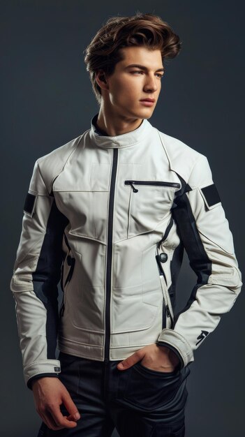 A black male model wears a white shirt and hat against a tan backdrop