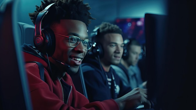 black male player competing online with friends behind a computer monitor videogames concept