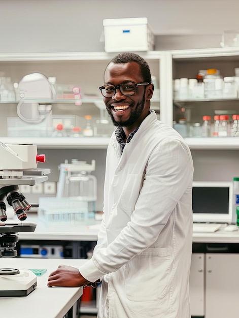 Black male scientist with glasses smiling in a wellequipped laboratory with scientific instruments