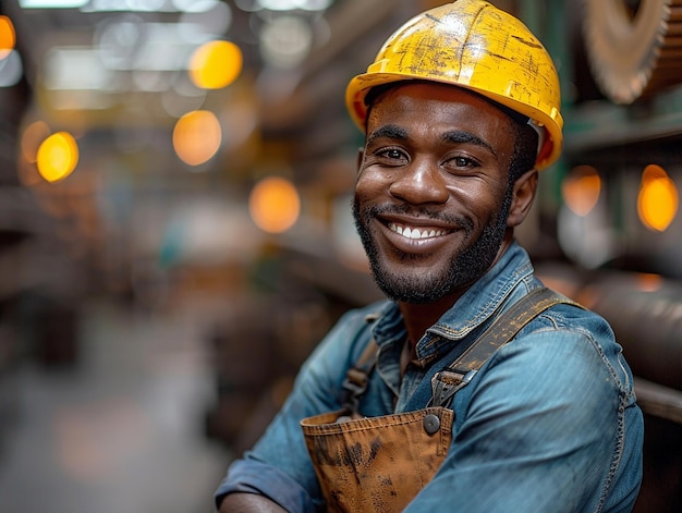 A black male worker in overalls and a hard hat smiles