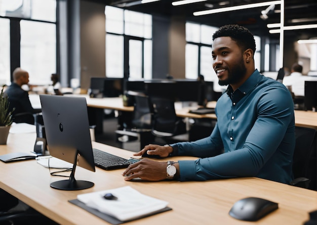 black male working in a mordern office