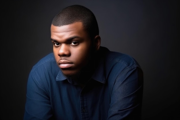 Black man autism and portrait for mental illness with serious face in studio