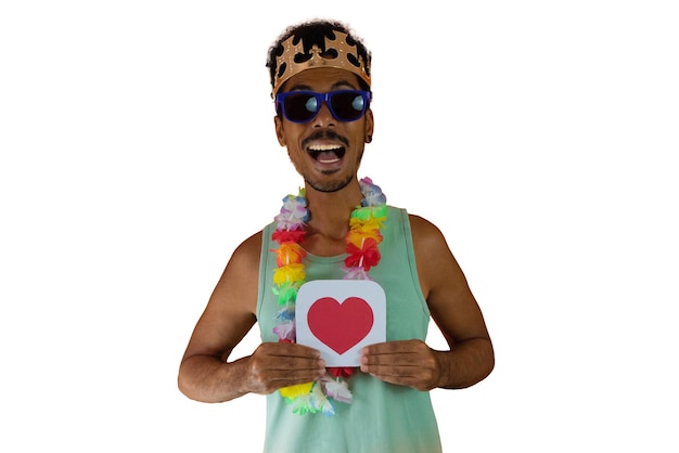 Black man in costume for brazil carnival holding like button isolated on white African man in various poses and expressions