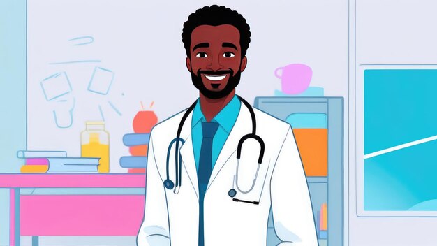 black man doctor in a white coat with a sweet smile against the background of a hospital ward The concept of modern medicine healthIllustration