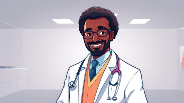 black man doctor in a white coat with a sweet smile against the background of a hospital ward The concept of modern medicine healthIllustration