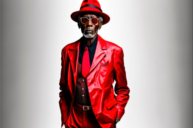 black man dressed elegantly in a red with dark glasses and a red hat Generative AI