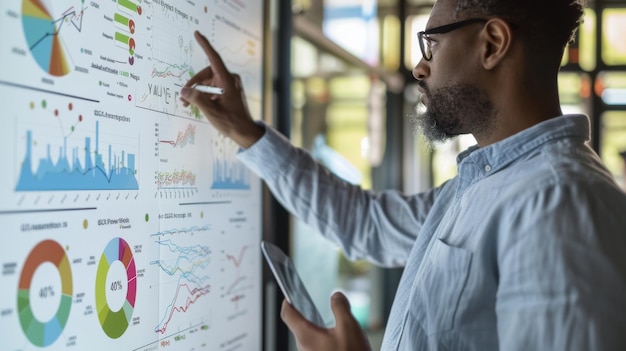 A Black man gestures towards graphs on a whiteboard presenting financial data in a business setting