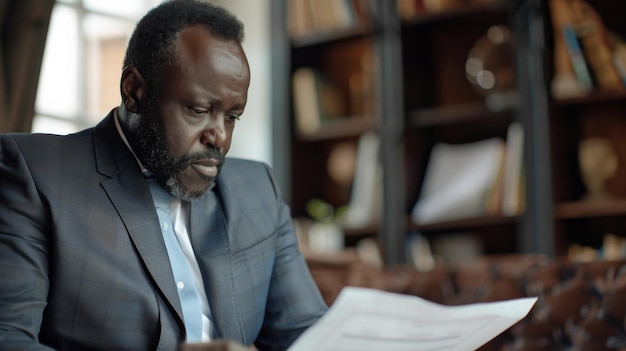 A Black man lawyer in a suit deeply engrossed in reading important court documents