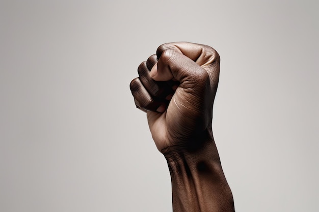 A black man's hand is clenched into a fist