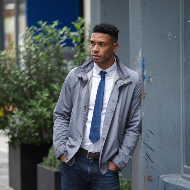 Photo black man standing near wall in city