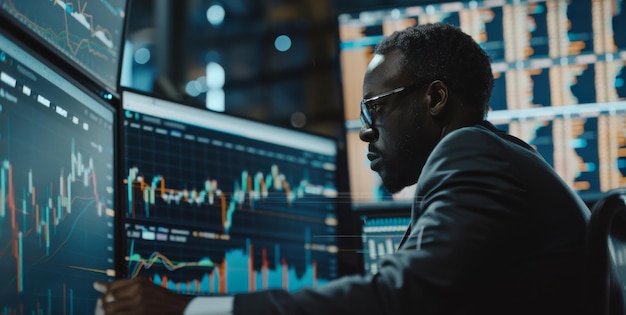 A black man studying financial charts sitting in front of a glowing computer monitor