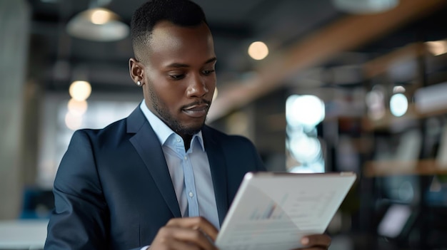 A Black man in a suit attentively inspects a tablet screen