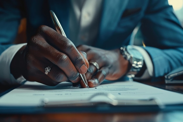 A Black man in a tailored suit writing on a paper