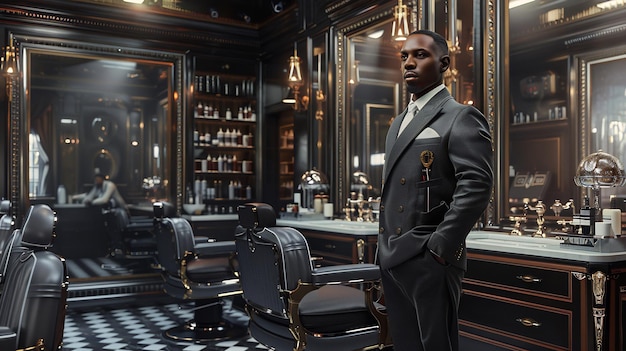 A black man wearing a luxurious suit stands confidently in a barbershop