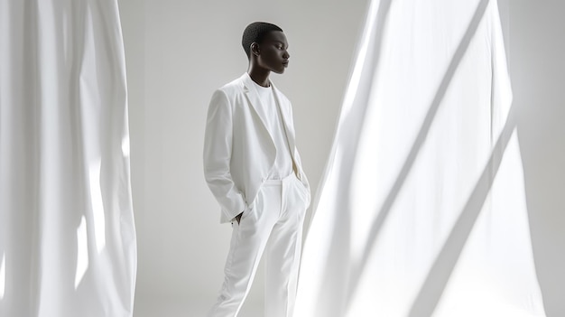 Photo a black man in a white suit standing against a white background