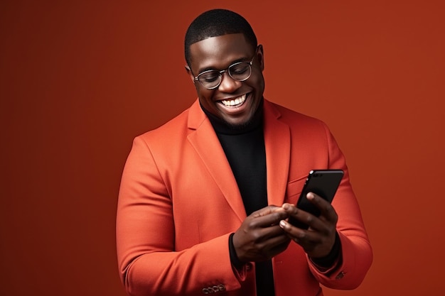 Black man with phone on studio background