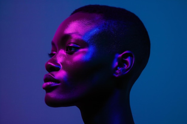 Photo a black man with short hair illuminated by purple light set against an indigo background the port