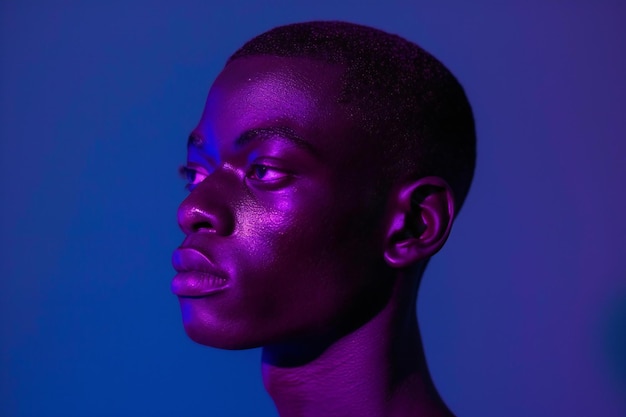 Photo a black man with short hair illuminated by purple light set against an indigo background the port