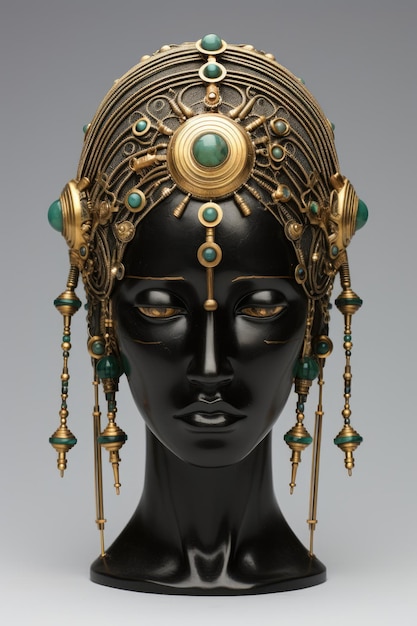 a black mannequin head with gold and green jewelry