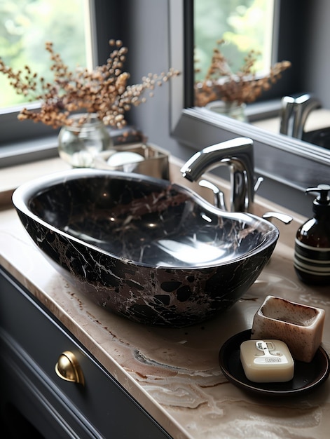 A black marble bathroom sink with a sleek modern design complemented by chrome fixtures