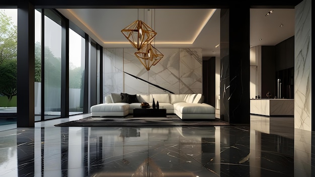 Black marble floors create a dramatic entrance leading into a bright living space