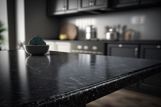 Black Marble Kitchen Countertop on Blurred Background Luxury Marble Table Mockup Generative AI Illustration