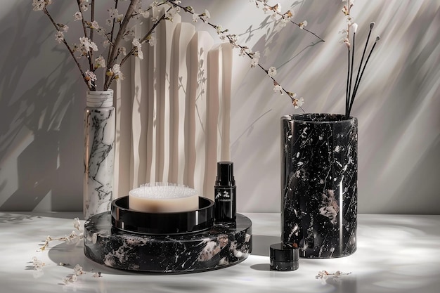 Black marble pedestals for display cosmetic product ar c