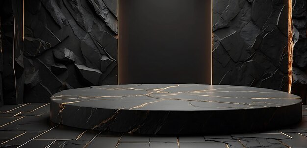 Black marble podium on black marble background 3d render