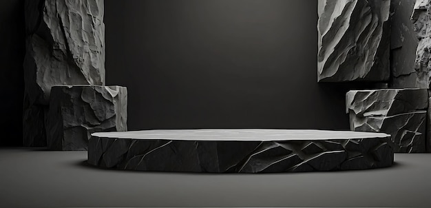 Black marble podium on black marble background 3d render