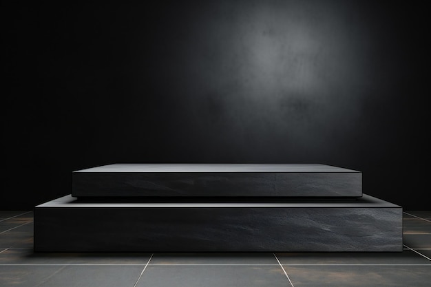 Black marble podium for product display on dark background