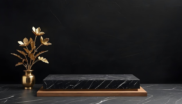 Black Marble Podium with Golden Flowers