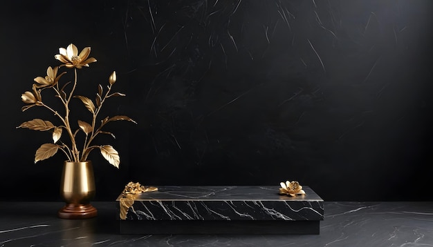 Black Marble Podium with Golden Flowers