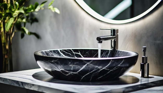 Black marble round sink and chrome faucet elevate minimalist interiors