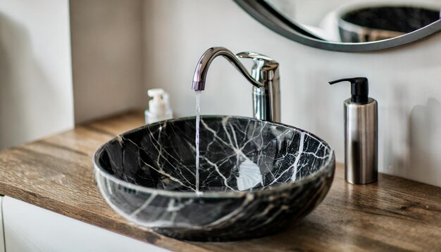 Black marble round sink and chrome faucet elevate minimalist interiors