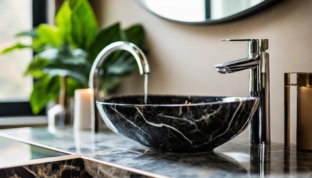 Black marble round sink and chrome faucet elevate minimalist interiors