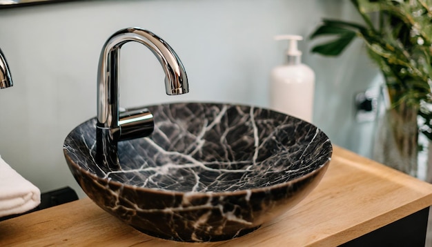 Black marble round sink and chrome faucet elevate minimalist interiors