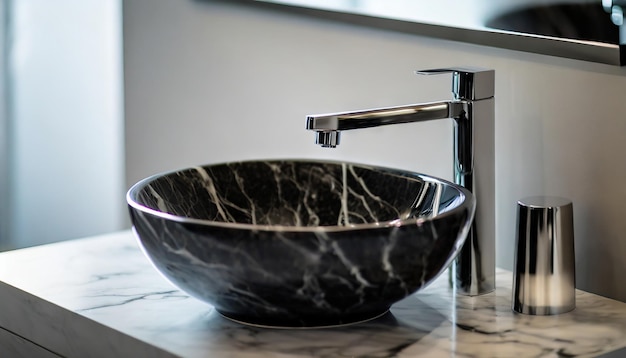 Black marble round sink and chrome faucet elevate minimalist interiors