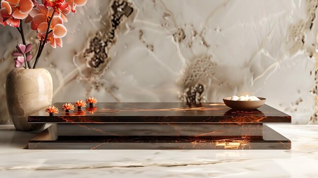 a black marble table with a bowl of fire and a candle in it