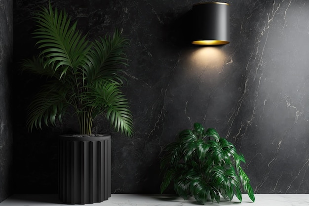 Black marble wall with 3 black ceiling lamps and potted plant Front view copy space