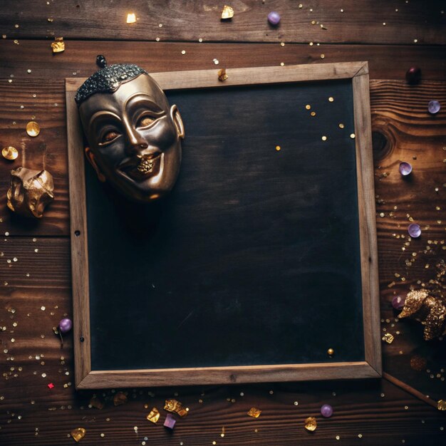 Photo a black mask with a frame on the wall and a frame with gold confetti on it