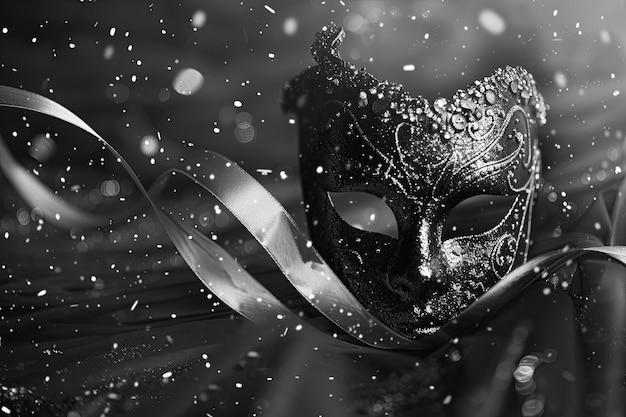 Photo a black masquerade mask with intricate details lies on a black fabric background