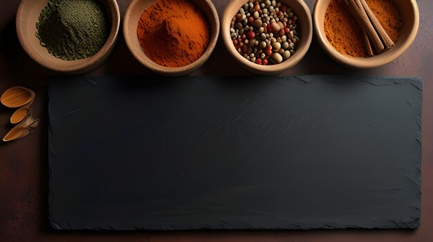 a black mat with various spices including spices and herbs