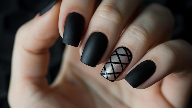 Black Matte Nails With Geometric Design