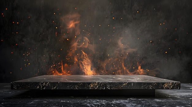 Black matte rock podium with flames on black volcanic lava mountain background for product presentat