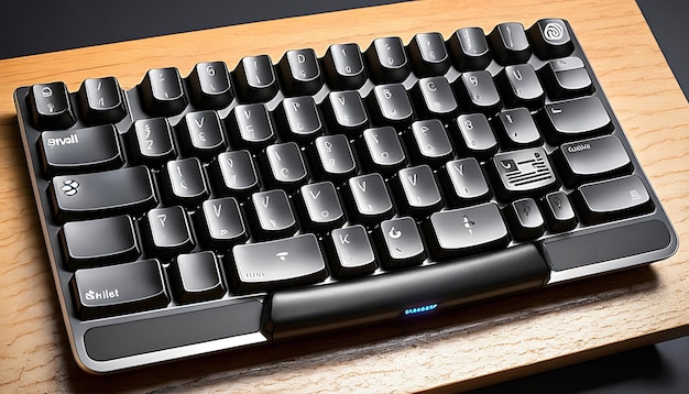 Black Mechanical Keyboard with Blue Backlight on Wooden Surface