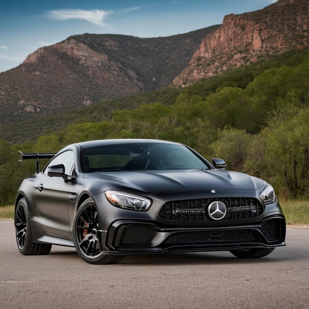 a black mercedes is on the road with mountains in the background